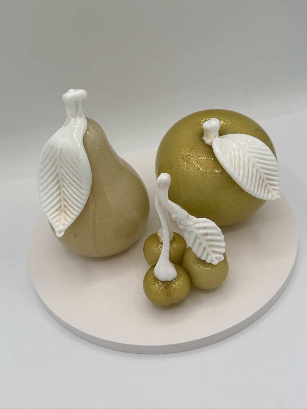 Murano art glass fruits- white glass leaves and stems & neutral gold flecks